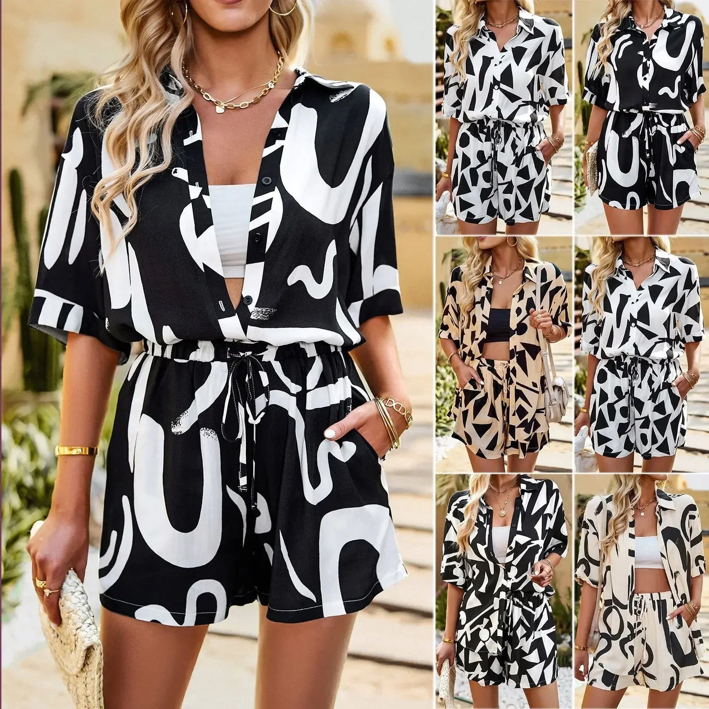 Conjunto Casual de 2 Piezas para Mujer – Camisa Estampada y Pantalones Cortos